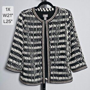Chico’s Travelers Collection Jacket Women’s 1 (M) Black White Beaded Geometric